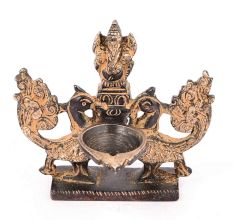 Brass Lamp of Two Peacock Holding Lord Ganesh At Centre