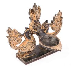Brass Lamp of Two Peacock Holding Lord Ganesh At Centre