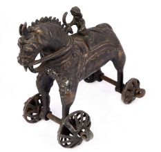 Brass Horse Rider with a Sword on Wheel