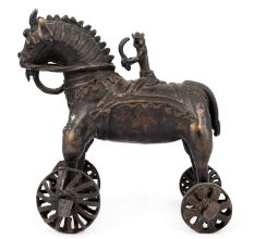 Brass Horse Rider with a Sword on Wheel