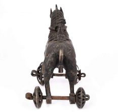 Brass Horse Rider with a Sword on Wheel