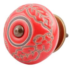 Red Leaf Flower Etched Ceramic Drawer Knob