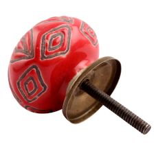 Red Amarylis Floral Etched Ceramic Drawer Knob