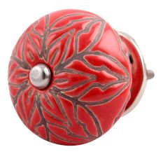 Red Amarylis Floral Etched Ceramic Drawer Knob