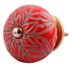 Red Amarylis Floral Etched Ceramic Drawer Knob