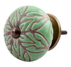 Pea Green Amarylis Floral Etched Ceramic Drawer Knob