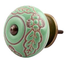 Pea Green Leaf Flower Etched Ceramic Drawer Knob