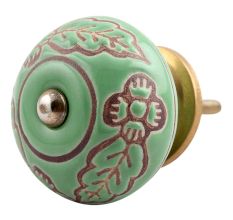 Pea Green Leaf Flower Etched Ceramic Drawer Knob