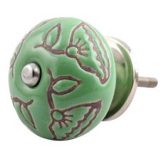 Pea Green Calla Lily Brown Etched Ceramic Cabinet Knob