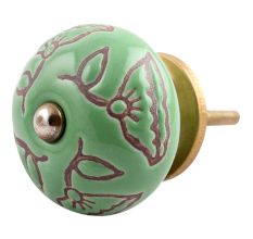 Pea Green Calla Lily Brown Etched Ceramic Cabinet Knob