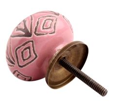 Pink Amarylis Floral Etched Ceramic Drawer Knob