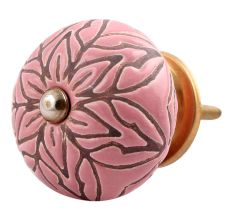 Pink Amarylis Floral Etched Ceramic Drawer Knob