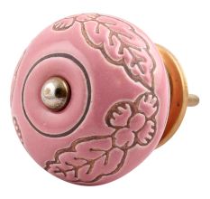 Pink Leaf Flower Etched Ceramic Drawer Knob