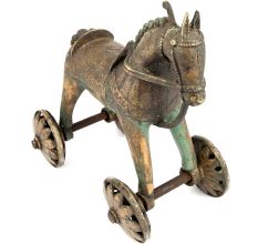 India Brass Temple Toy Horse on Wheels