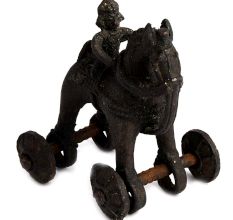 Brass Primitive Horse and Rider on Rolling Wheels