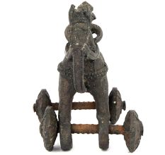 Brass Primitive Horse and Rider on Rolling Wheels