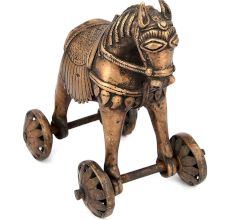 Brass Primitive Horse and Rider on Rolling Wheels