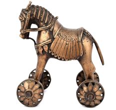 Brass Primitive Horse and Rider on Rolling Wheels