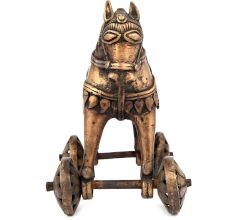Brass Primitive Horse and Rider on Rolling Wheels