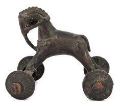 Brass Horse Figurine Primitive Toy Wheeled