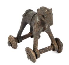Old Brass Temple Toy Horse on Wheels