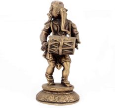 Brass Sculpture of Dancing Ganesh with Dholak