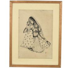 Framed Hand Drawn Sketch Of A Village Women Sitting