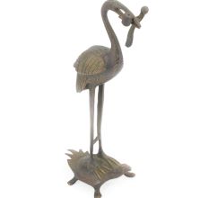 Vintage Bronze Crafted Sculpture Crane Standing on Turtle