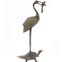 Vintage Bronze Crafted Sculpture Crane Standing on Turtle