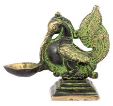 Peacock Holding Brass Oil Lamp Patina Finish