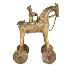 Brass Rider on Horse Temple Toy with Wheels