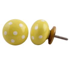 Yellow White Polka Ceramic Dresser Knob