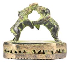 Vintage Indian Two Brass Elephants Scrubber Rattle with Patina