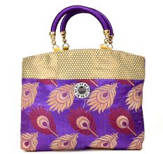 Purple Hand Bag - Peacock Feather with Zari