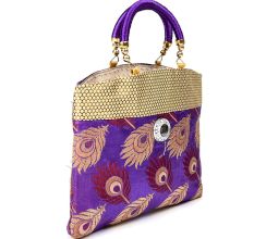 Purple Hand Bag - Peacock Feather with Zari