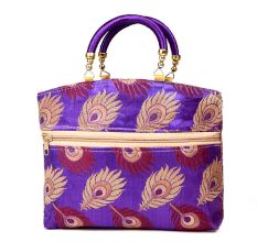 Purple Hand Bag - Peacock Feather with Zari