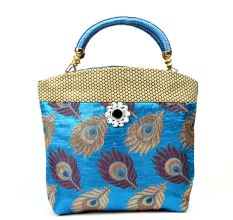 Sky Blue Hand Bag - Peacock Feather with Zari