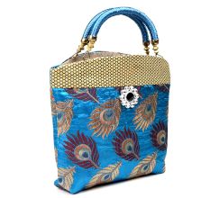 Sky Blue Hand Bag - Peacock Feather with Zari
