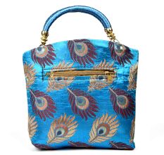Sky Blue Hand Bag - Peacock Feather with Zari