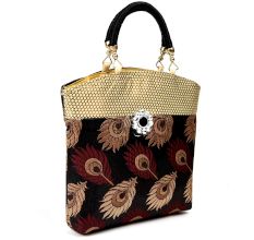 Black Hand Bag - Peacock Feather with Zari