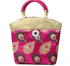 Pink Hand Bag - Peacock Feather with Zari