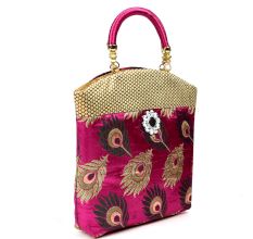 Pink Hand Bag - Peacock Feather with Zari