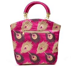 Pink Hand Bag - Peacock Feather with Zari