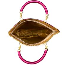 Pink Hand Bag - Peacock Feather with Zari