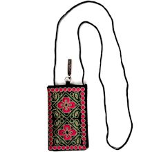 Brown Velvet Embroidered Coin Mobile Mini Shoulder Bag