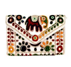 White Elephant Embroidery Banjara Clutch