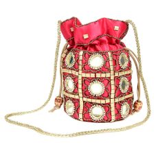 Pink Mirror Work Potli Bag
