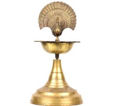 Brass Diya Wick Light Candle Lamp Peacock Design