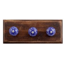 Navy Blue Leaf Floral Ceramic Wooden Hooks