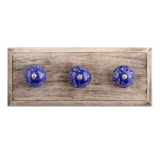Navy Blue Leaf Floral Ceramic Wooden Hooks